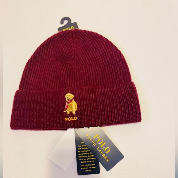 POLO RALPH LAUREN Men's GOLDEN RETRIEVER DOG Beanie Hat Skull Watch Cap, WINE - Picture 4 of 4
